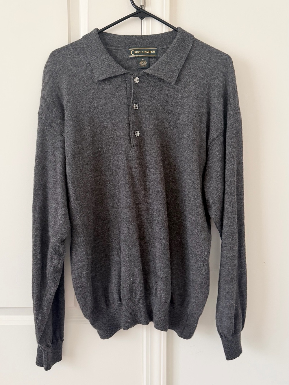 Vintage Croft & Barrow Sz XL 100% Fine Wool Italy Gray Knit Polo Men’s Sweater